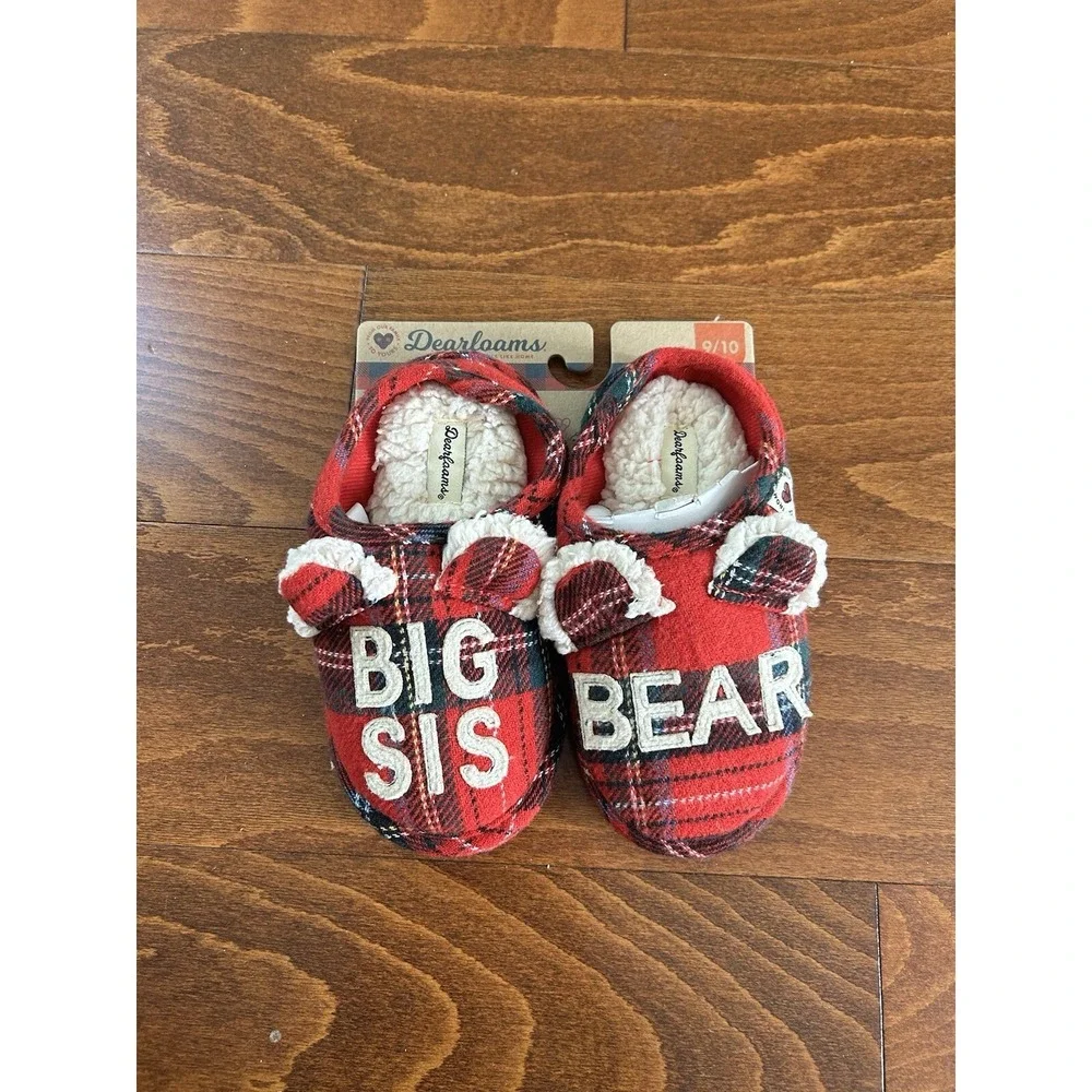 Dearfoams Kids Toddler Little Kids Big‎ Sis Bear Plaid Red Slippers NEW 13-1 US